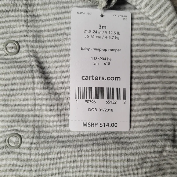 Carters Infant Boys Gray Striped Monkey Shortie Romper Baby Bodysuit Outfit - Picture 6 of 9